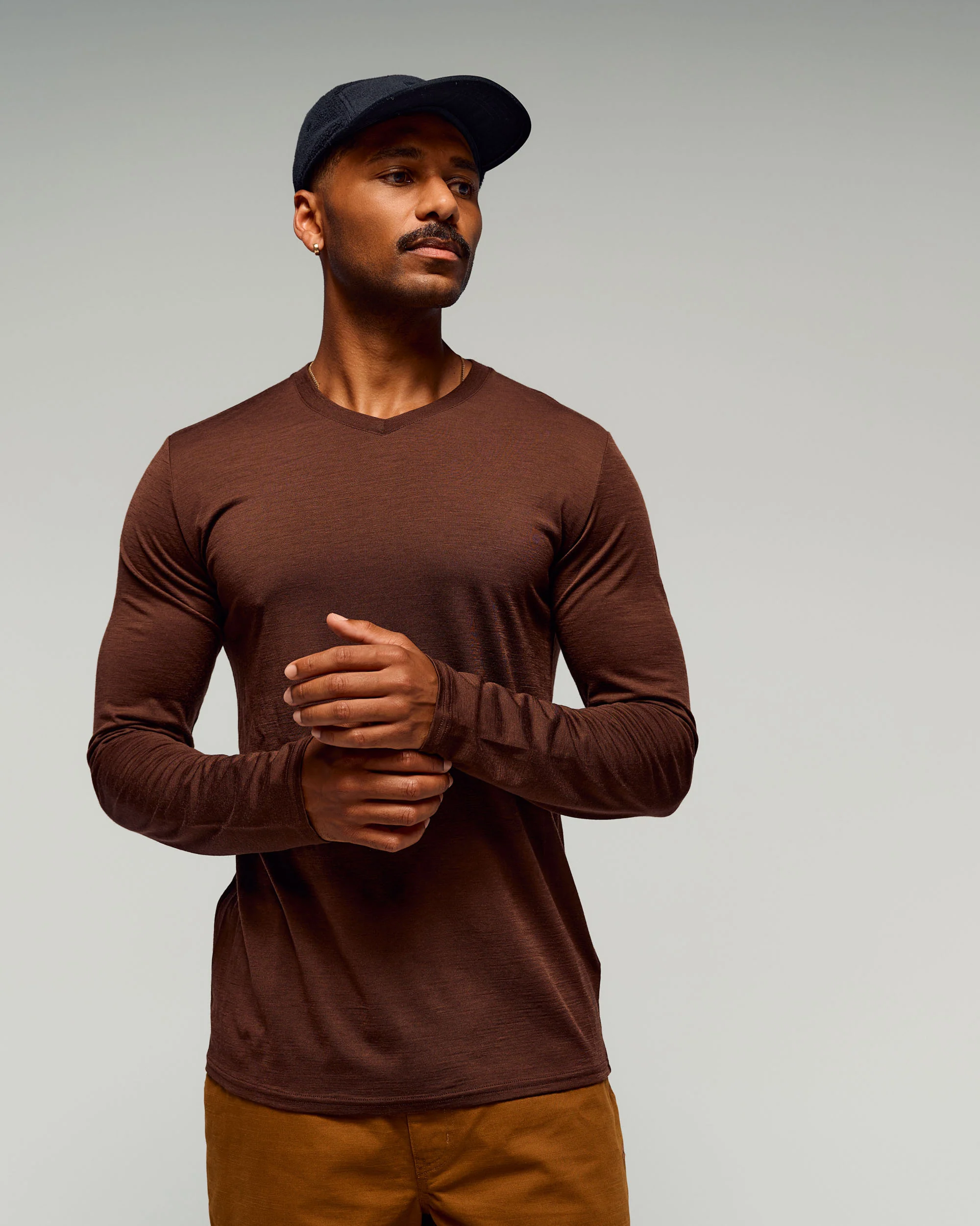 Men's 100% Merino Long Sleeve V-Top - Cocoa