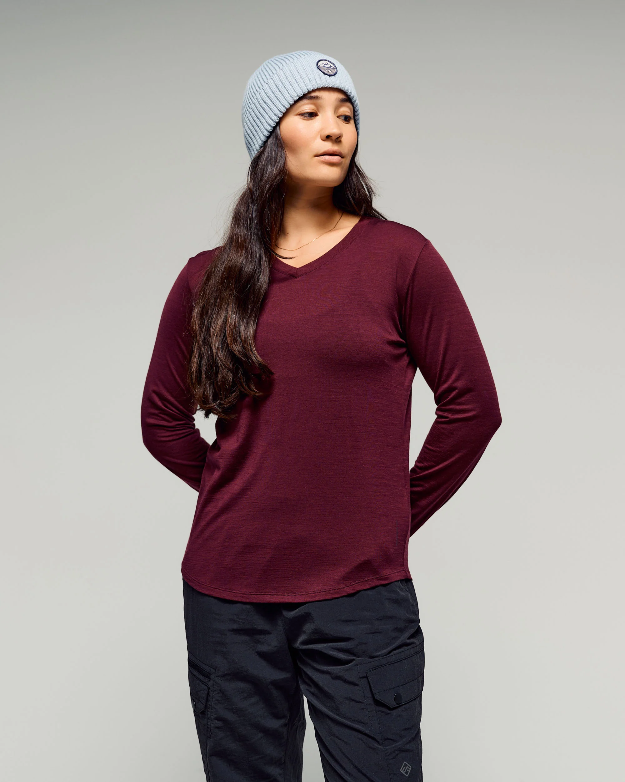 Women's 100% Merino Long Sleeve V-Top -  Mulberry